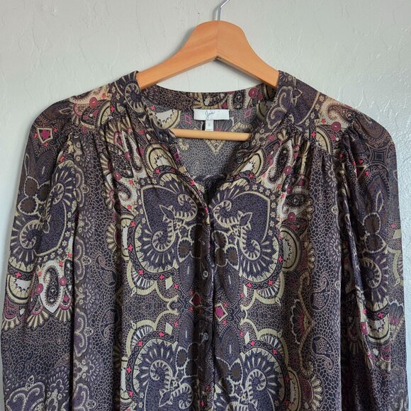 Joie Gareth 100% Silk Georgette Bohemian Paisley Blouse Brown Sz Small Button Up - Picture 3 of 10